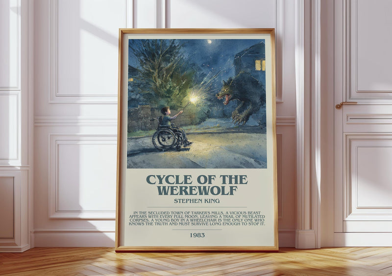 Cycle of the Werewolf bookish print in frame leaning in hallway – horror wall art