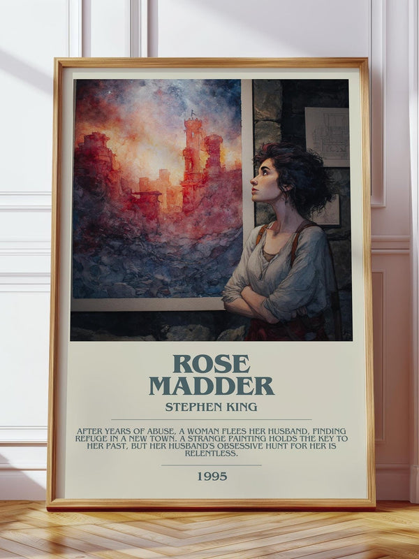 Rose Madder bookish print in frame leaning in hallway – horror wall art