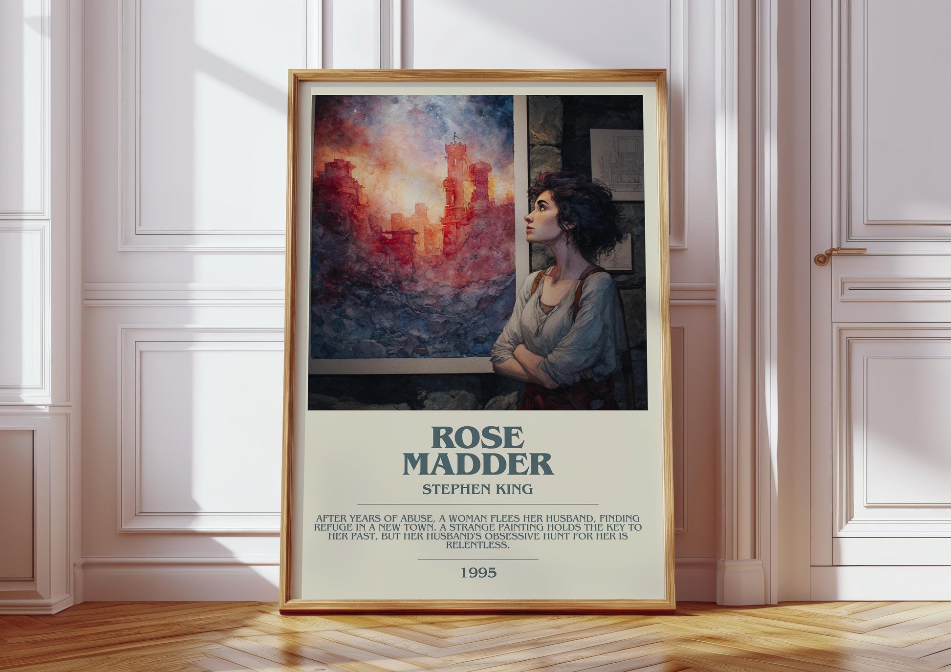 Rose Madder bookish print in frame leaning in hallway – horror wall art