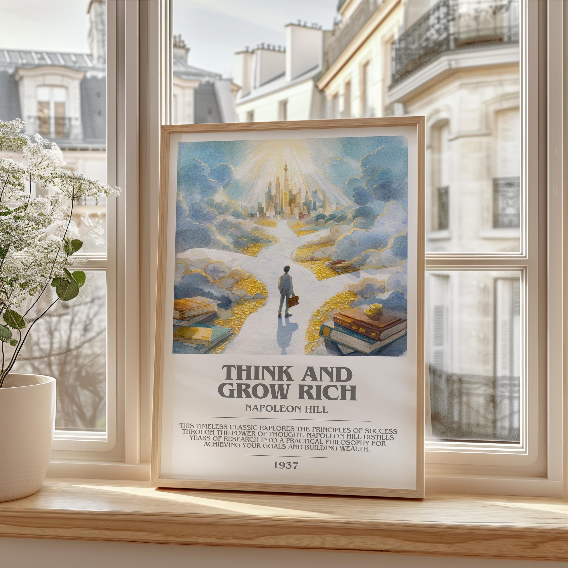 Think and Grow Rich bookish print framed by window – literary home decor