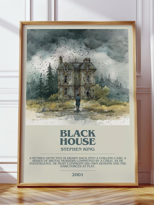 Black House bookish print in frame leaning in hallway – horror wall art