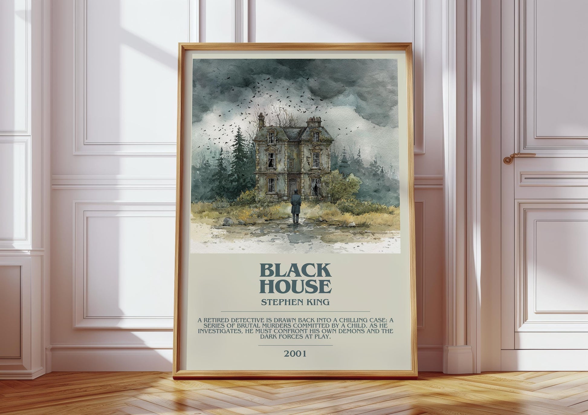 Black House bookish print in frame leaning in hallway – horror wall art