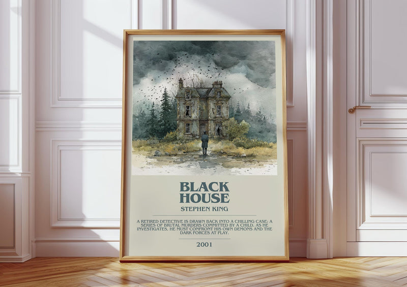 Black House bookish print in frame leaning in hallway – horror wall art