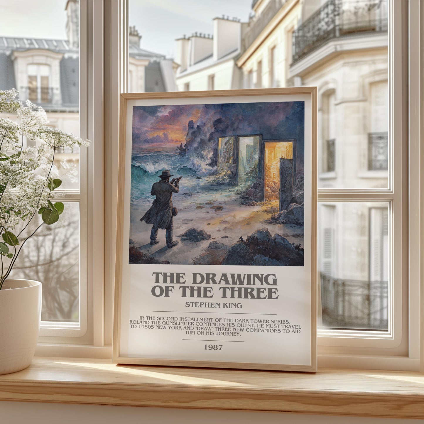 The Drawing of the Three bookish print framed by window – literary home decor
