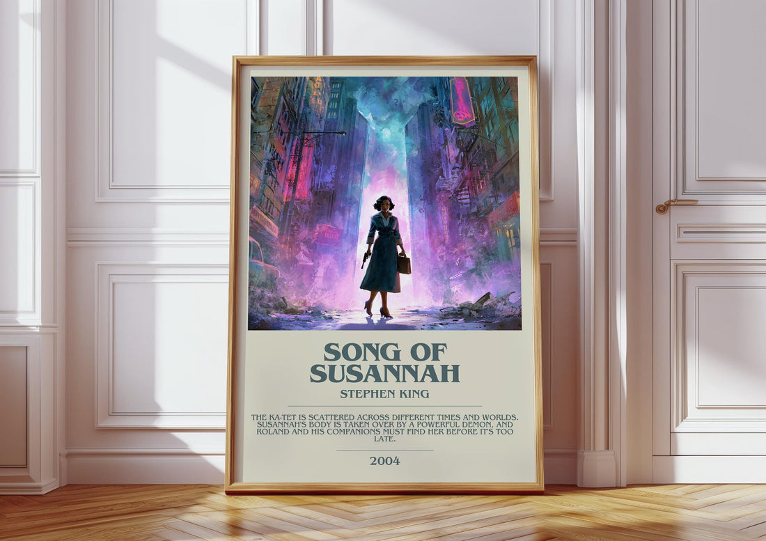 Song of Susannah bookish print in frame leaning in hallway – fantasy wall art (mockup)
