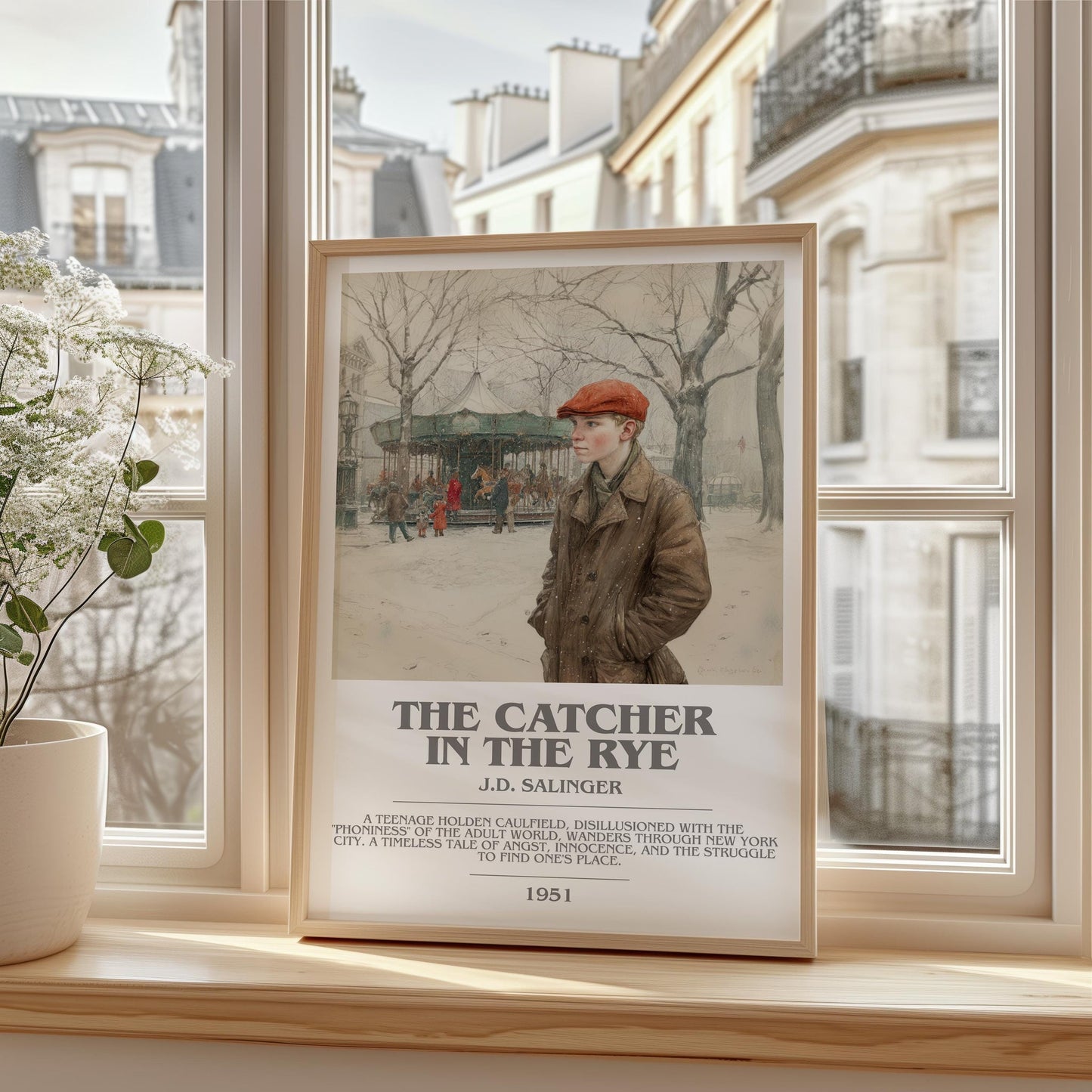 The Catcher in the Rye bookish print framed by window – literary home decor