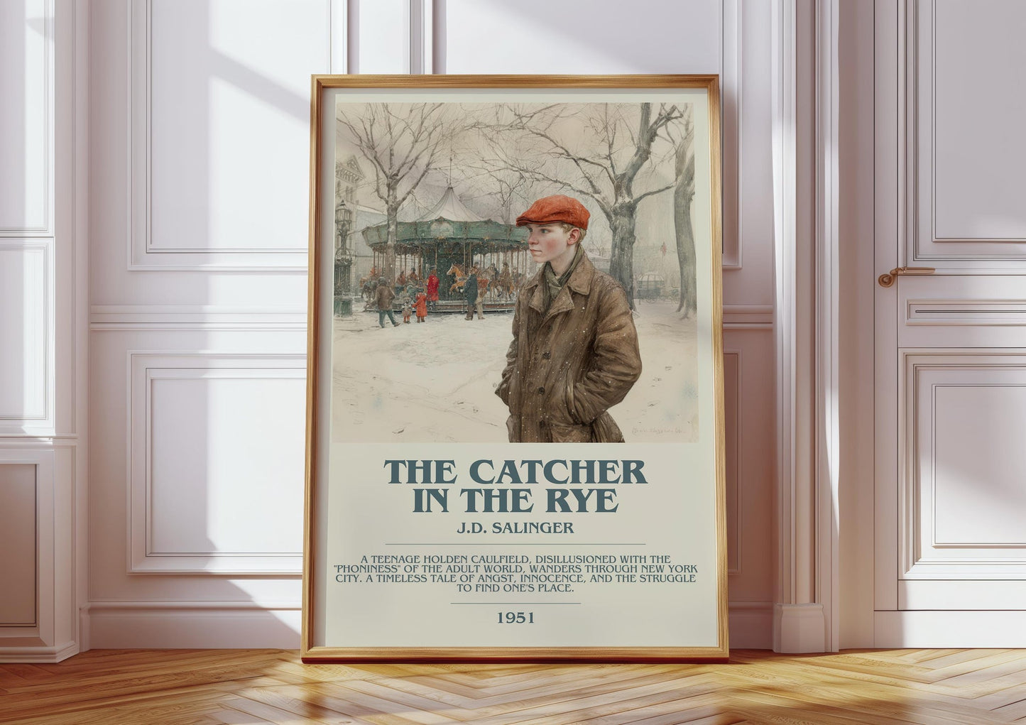 The Catcher in the Rye bookish print in frame leaning in hallway – coming of age wall art