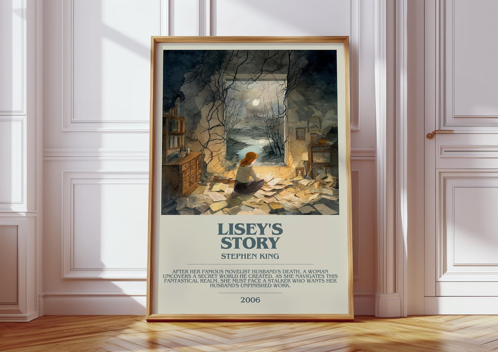 Lisey's Story bookish print in frame leaning in hallway – horror wall art