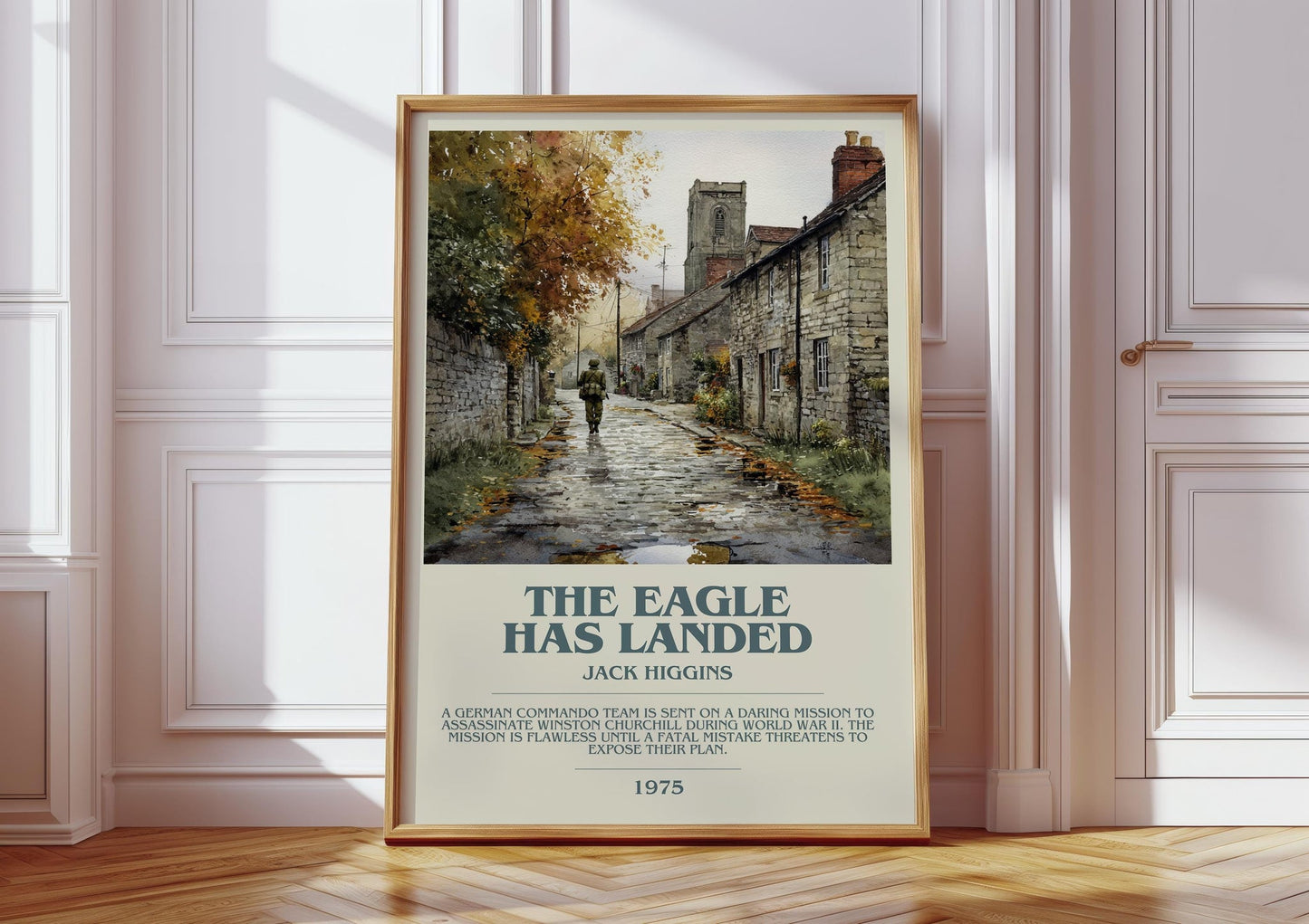 The Eagle Has Landed bookish print in frame leaning in hallway – thriller wall art