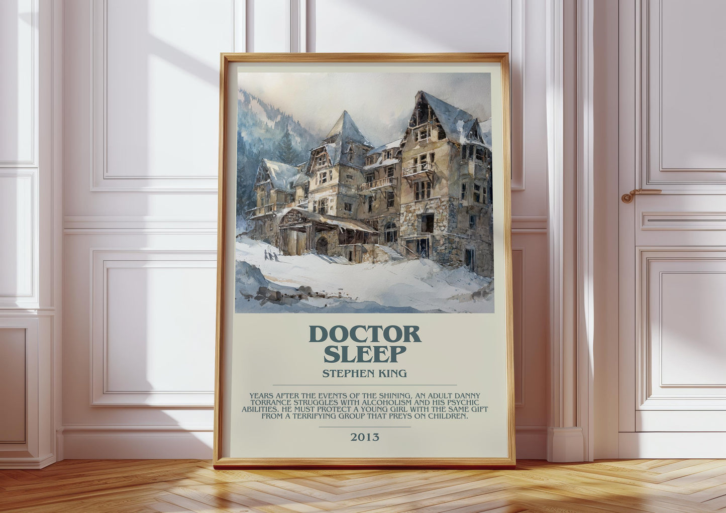 Doctor Sleep bookish print in frame leaning in hallway – horror wall art