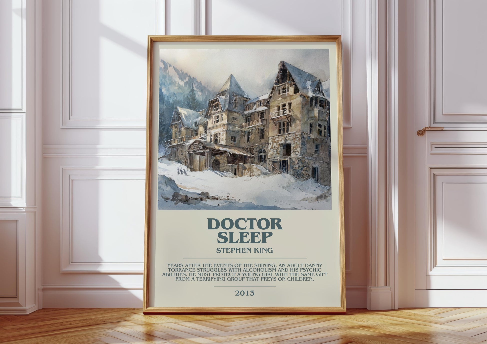 Doctor Sleep bookish print in frame leaning in hallway – horror wall art