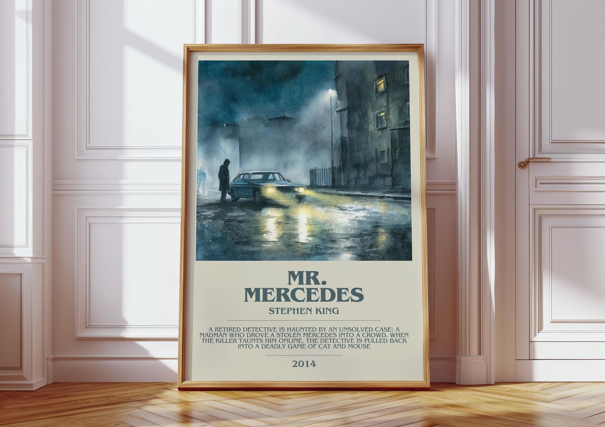 Mr. Mercedes bookish print in frame leaning in hallway – crime wall art