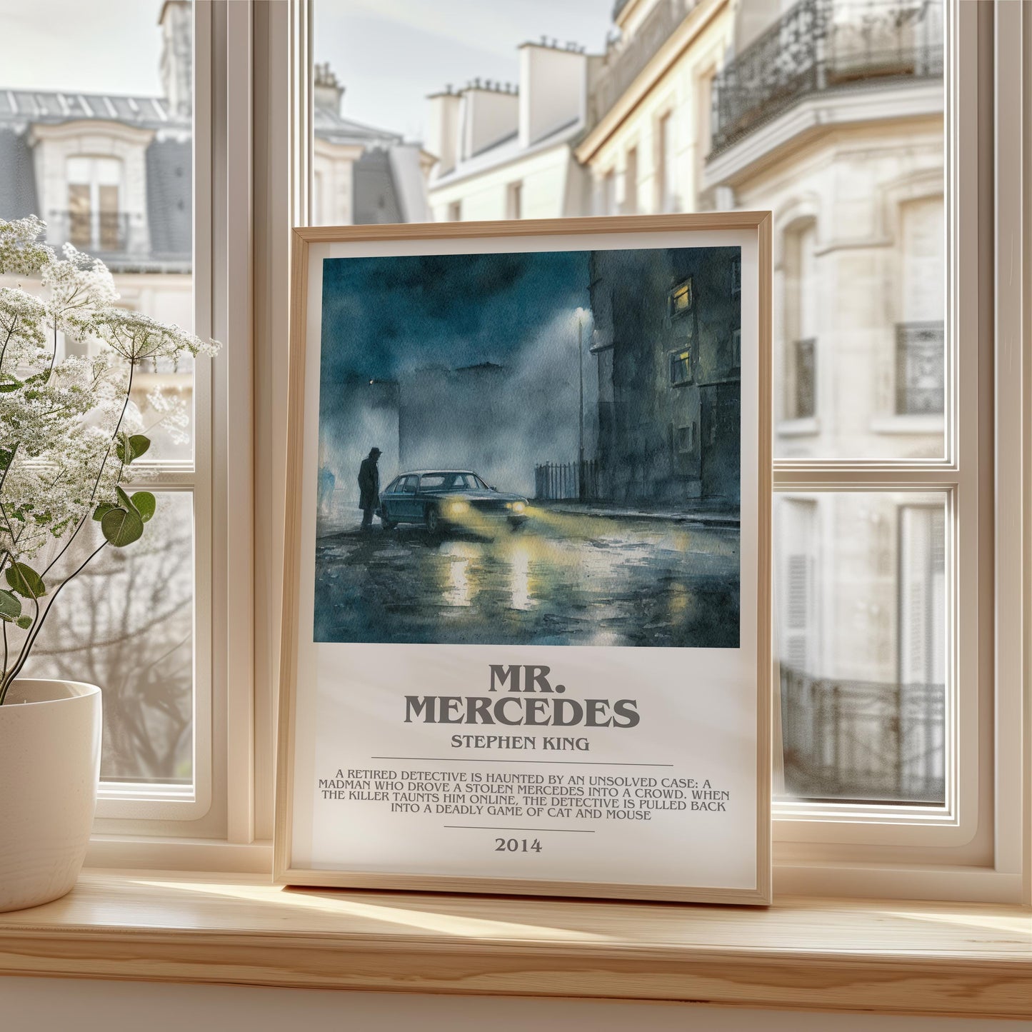 Mr. Mercedes bookish print framed by window – literary home decor