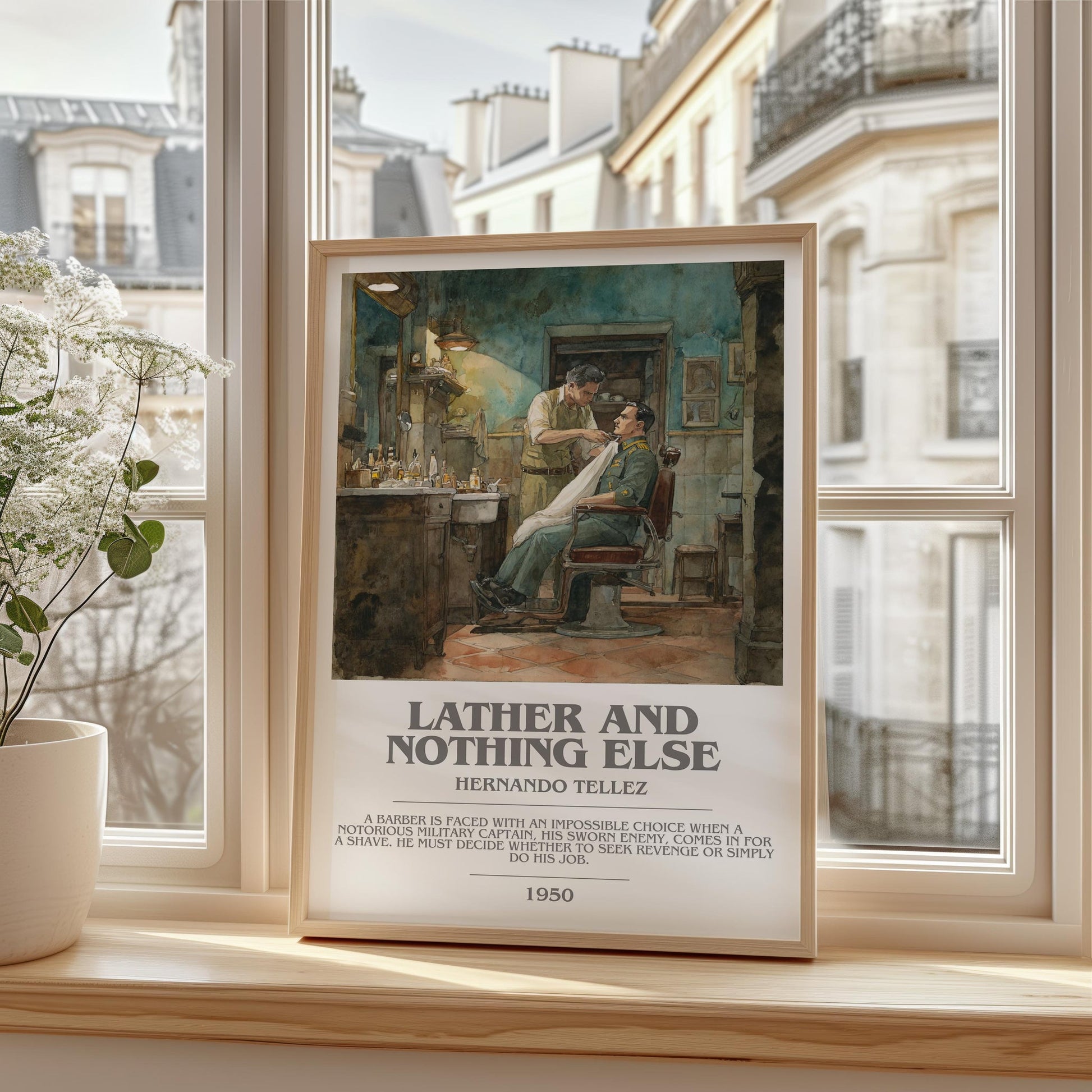 Lather And Nothing Else bookish print framed by window – literary home decor