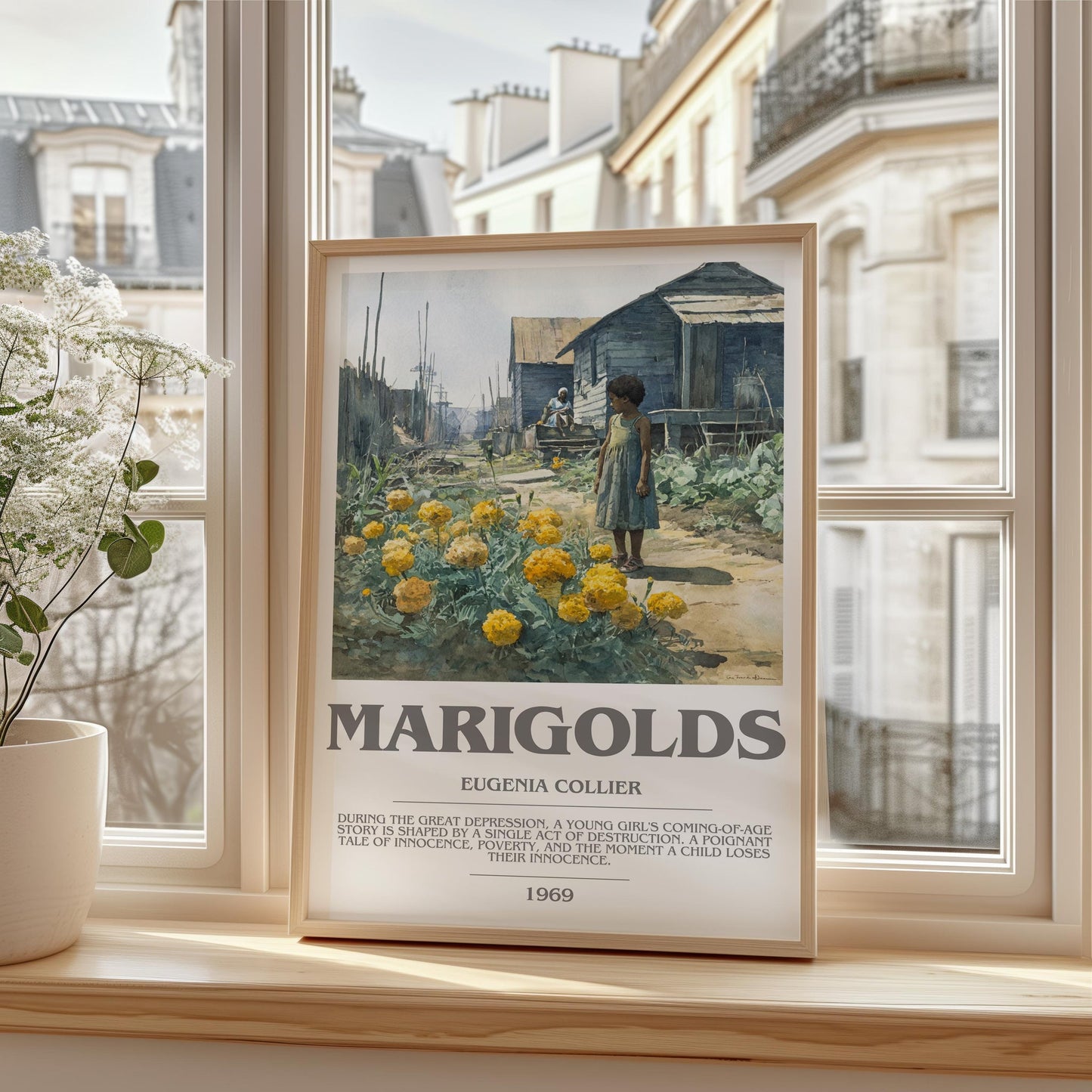 Marigolds bookish print framed by window – literary home decor