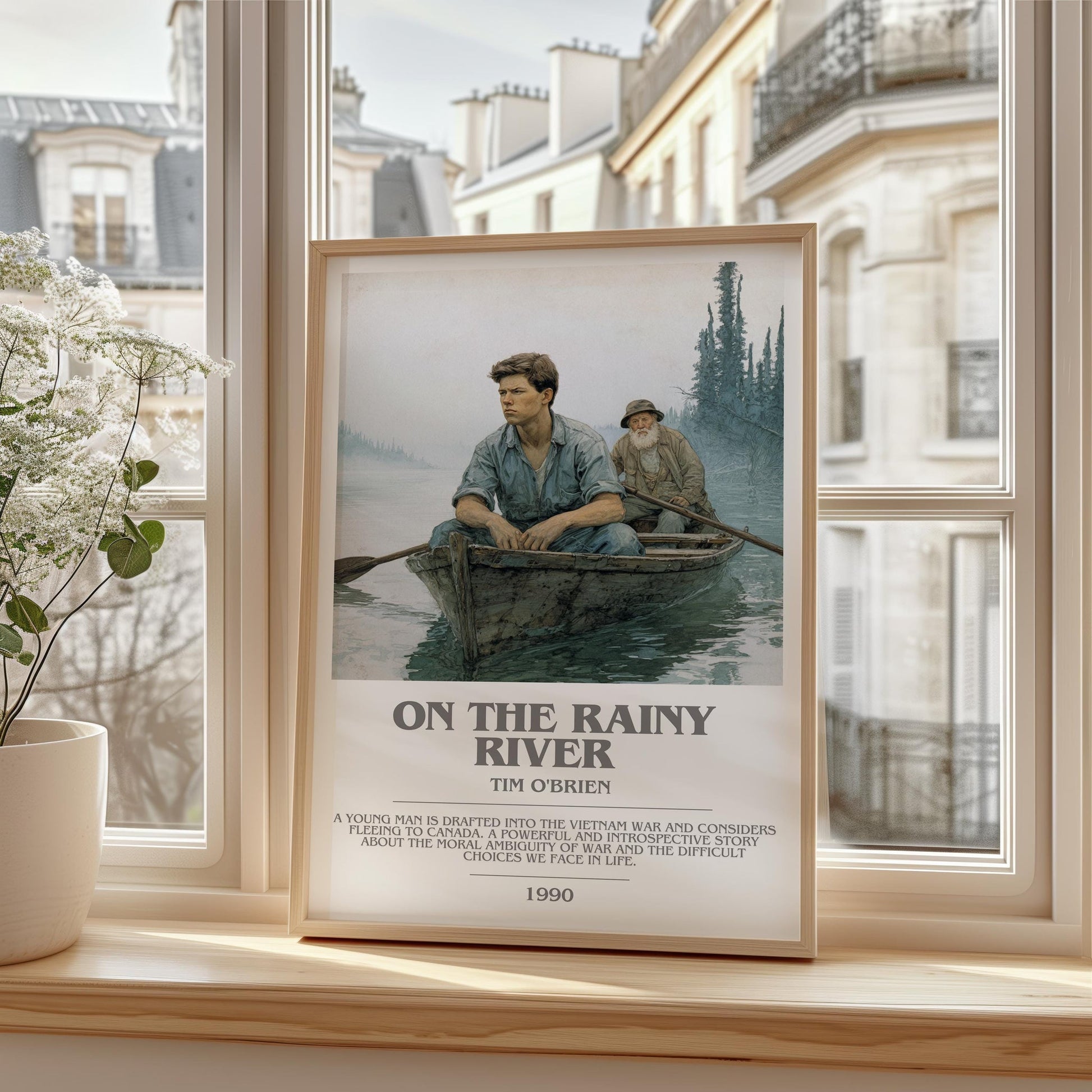 On The Rainy River bookish print framed by window – literary home decor