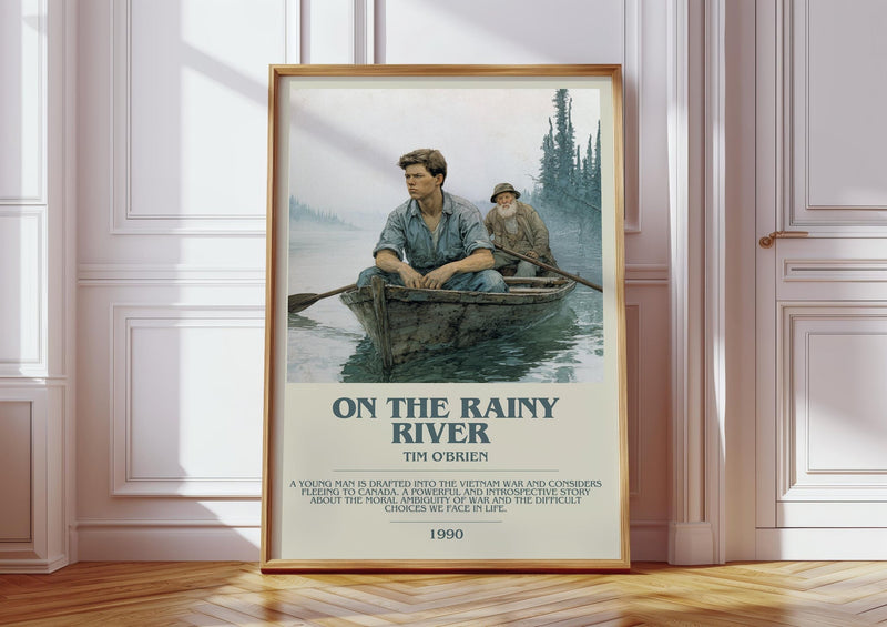 On The Rainy River bookish print in frame leaning in hallway – non fiction wall art
