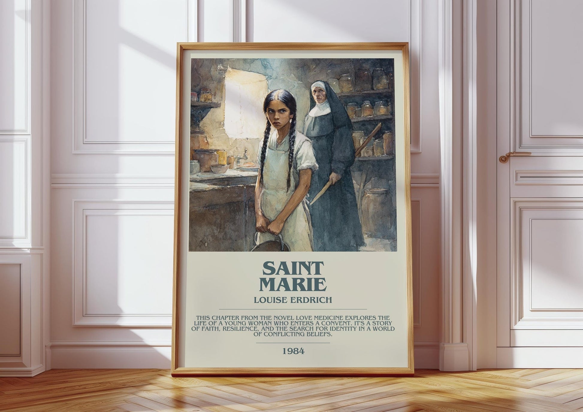 Saint Marie bookish print in frame leaning in hallway – literary fiction wall art