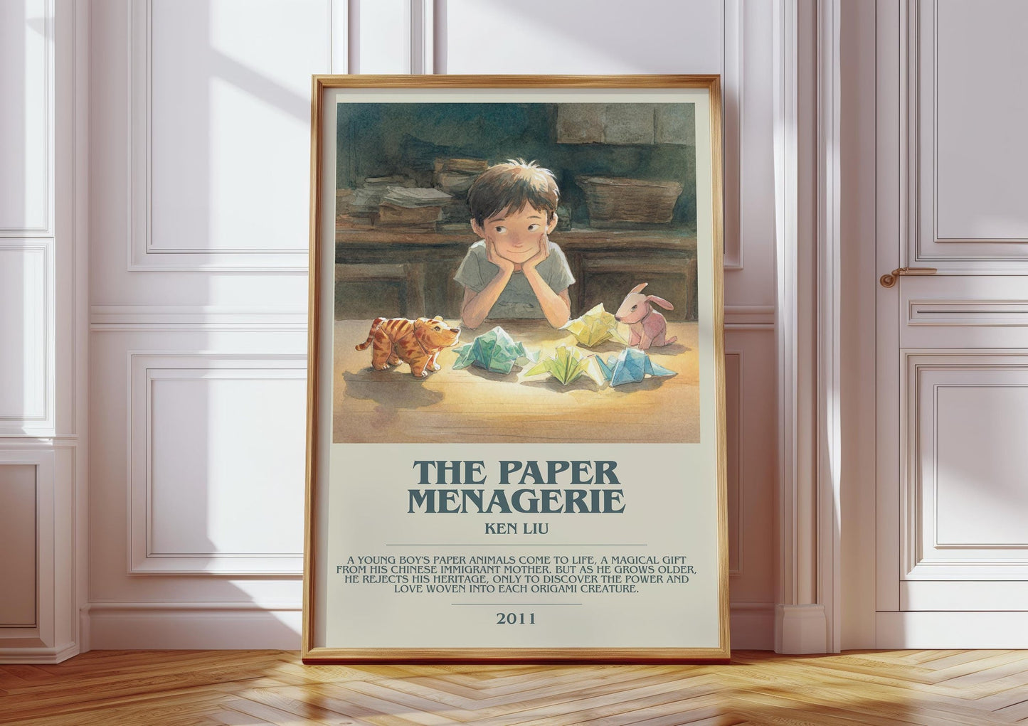 The Paper Menagerie bookish print in frame leaning in hallway – fantasy wall art