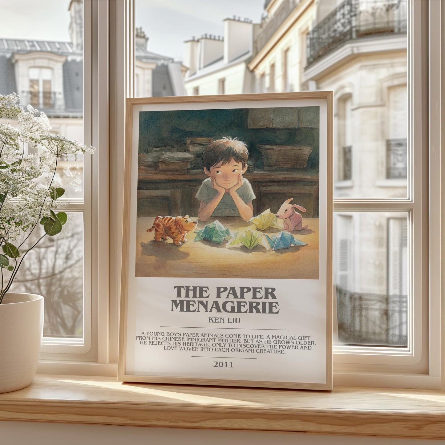 The Paper Menagerie bookish print framed by window – literary home decor
