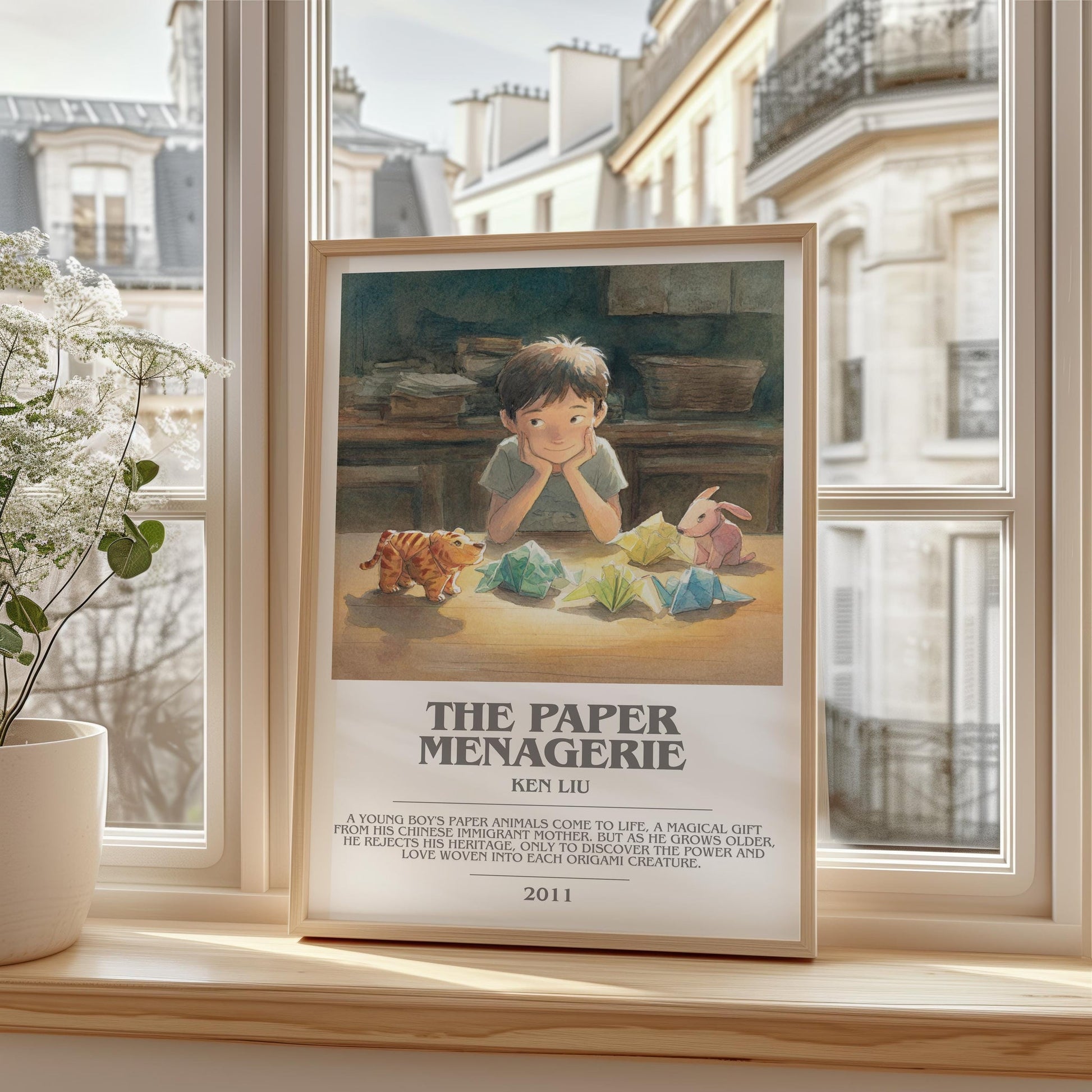 The Paper Menagerie bookish print framed by window – literary home decor