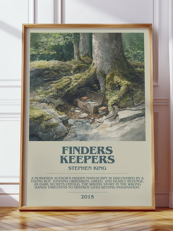Finders Keepers bookish print in frame leaning in hallway – thriller wall art