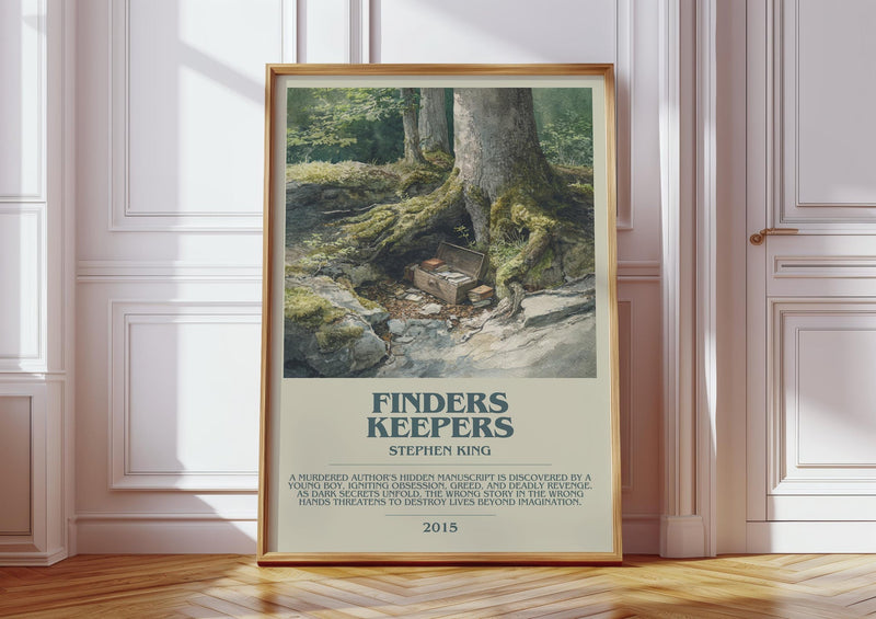 Finders Keepers bookish print in frame leaning in hallway – thriller wall art