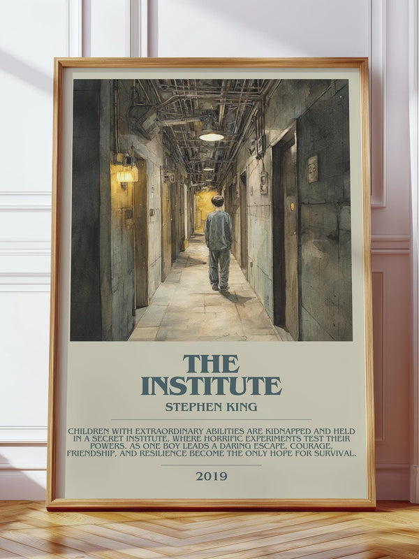 The Institute bookish print in frame leaning in hallway – horror wall art