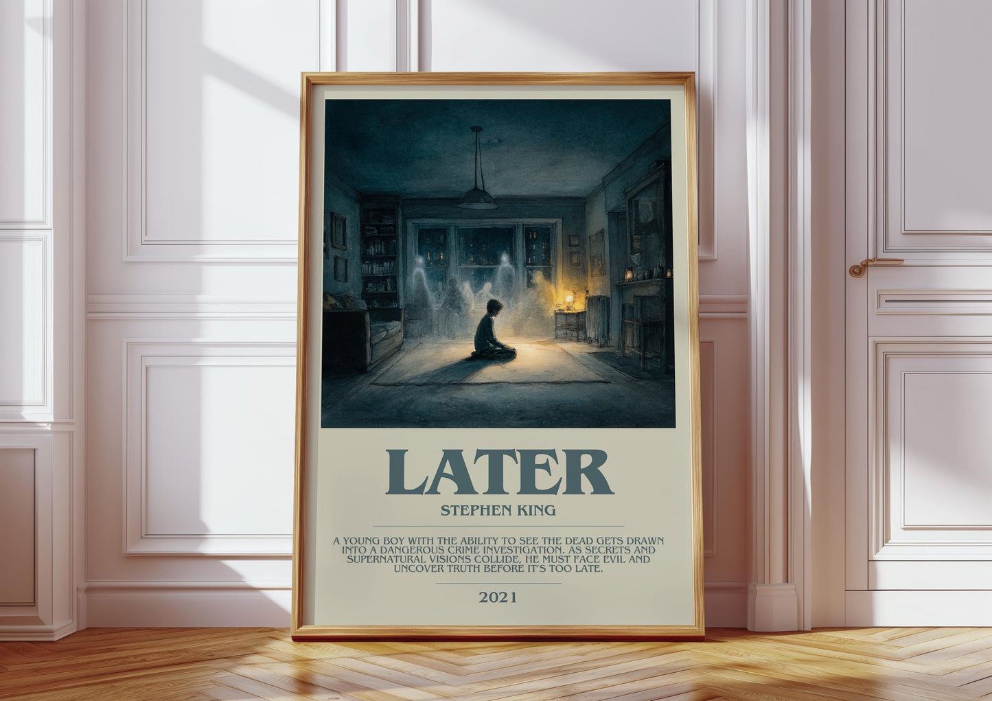 Later bookish print in frame leaning in hallway – horror wall art