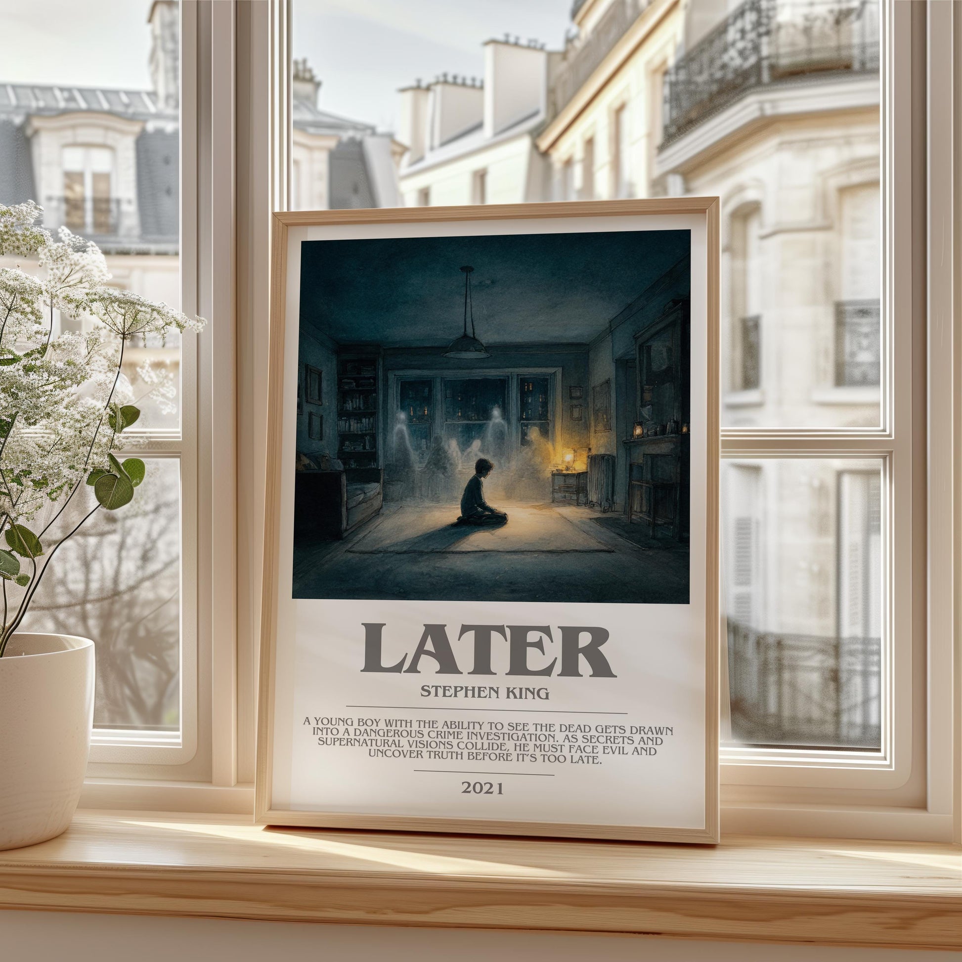Later bookish print framed by window – literary home decor