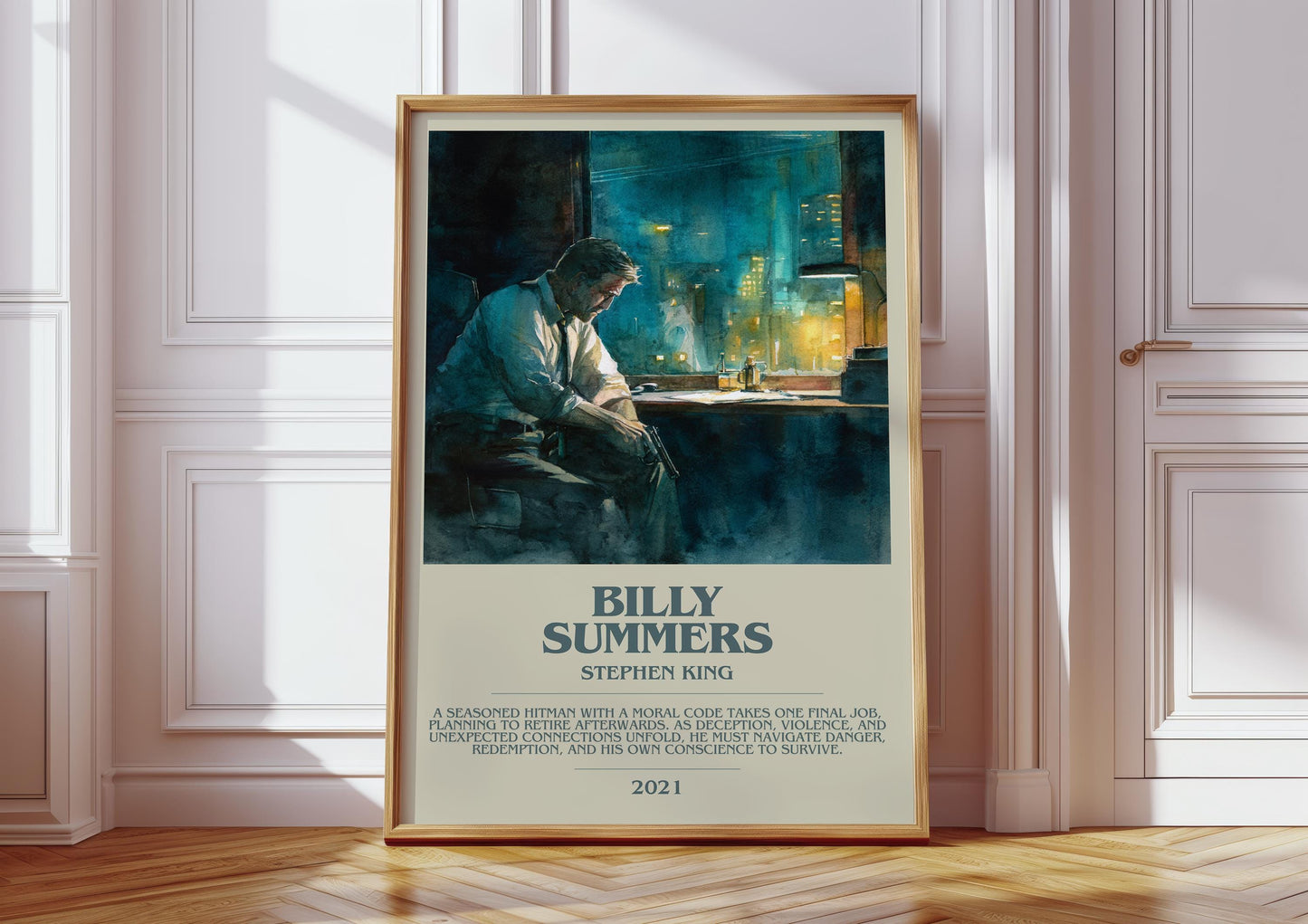 Billy Summers bookish print in frame leaning in hallway – thriller wall art