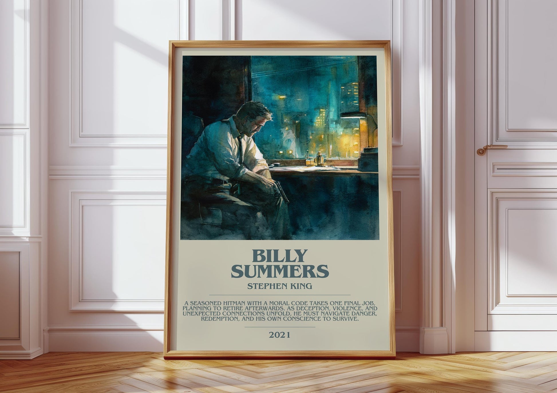 Billy Summers bookish print in frame leaning in hallway – thriller wall art