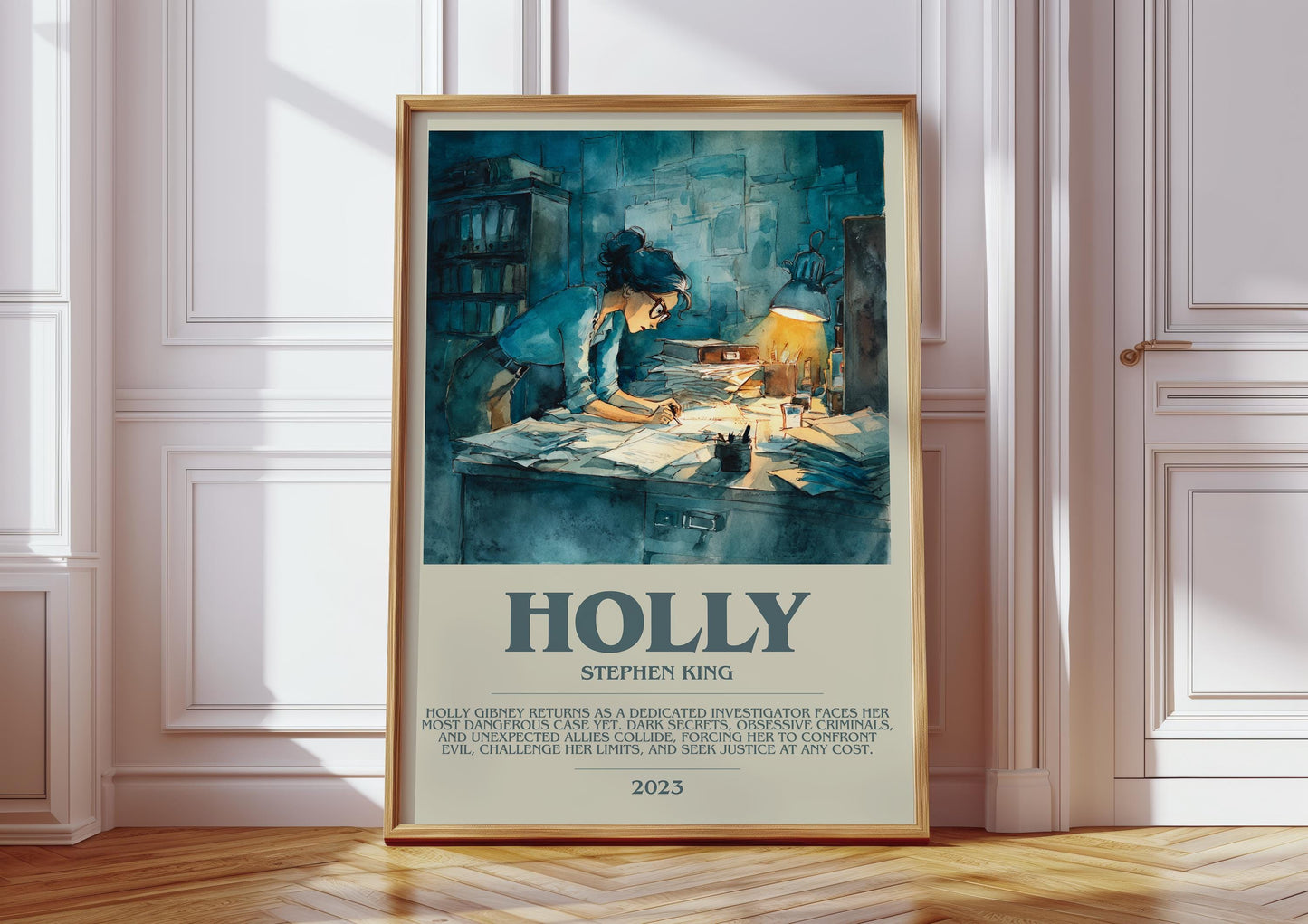 Holly bookish print in frame leaning in hallway – thriller wall art