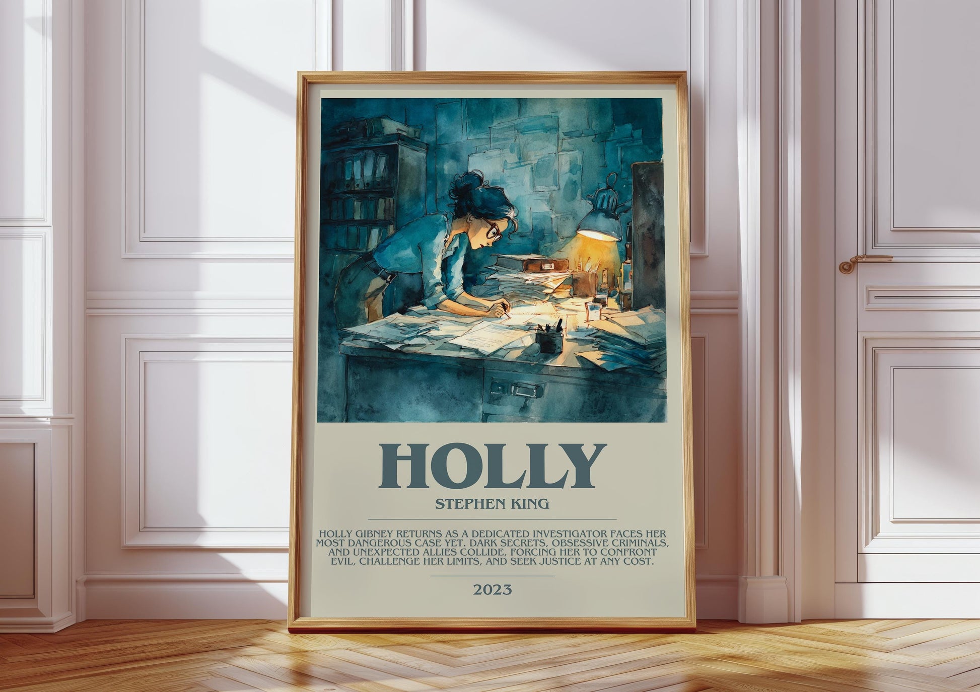 Holly bookish print in frame leaning in hallway – thriller wall art