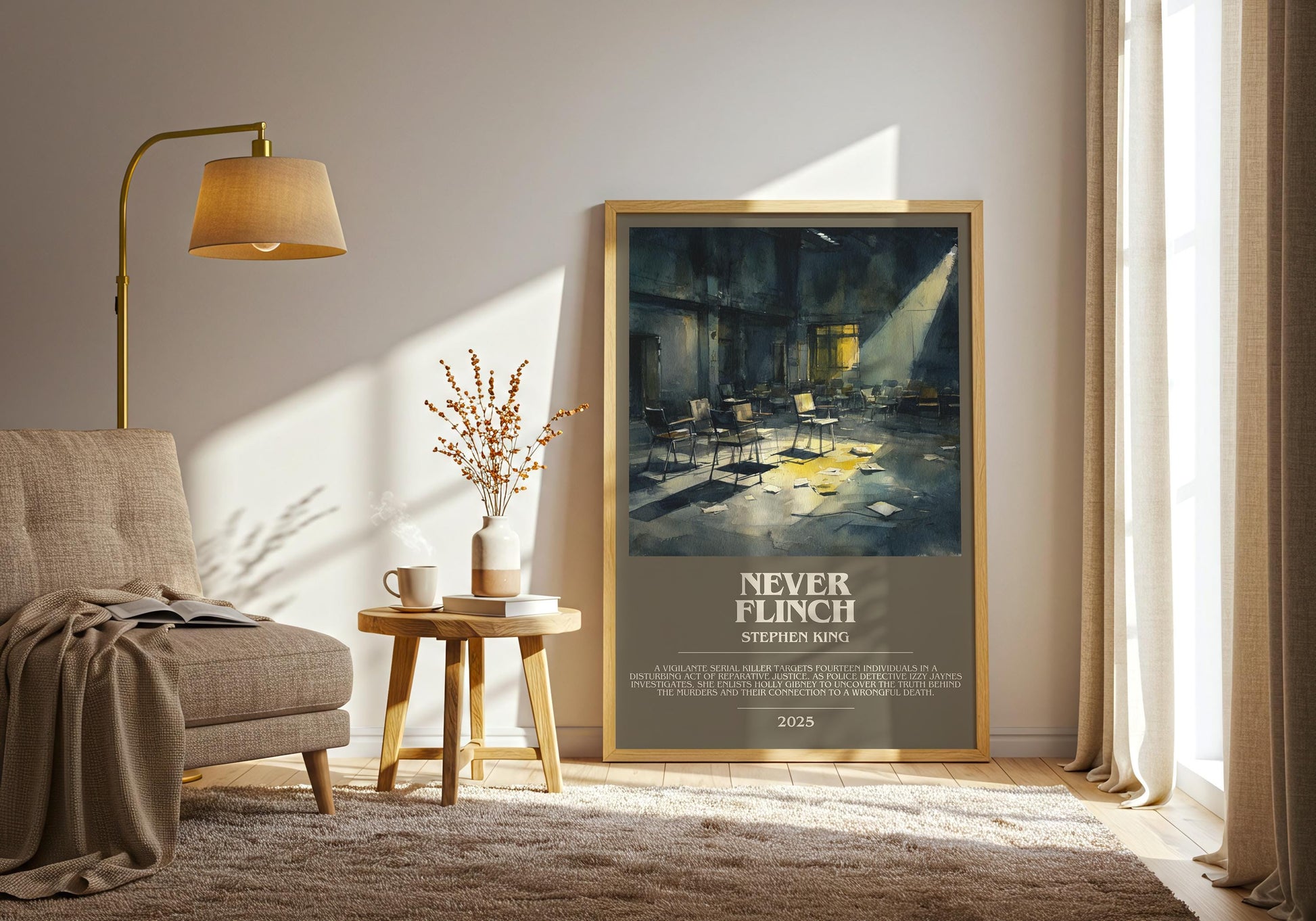 Never Flinch bookish print on bookshelf – Stephen King fan gift