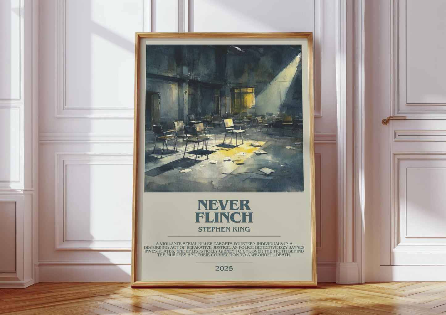 Never Flinch bookish print in frame leaning in hallway – thriller wall art
