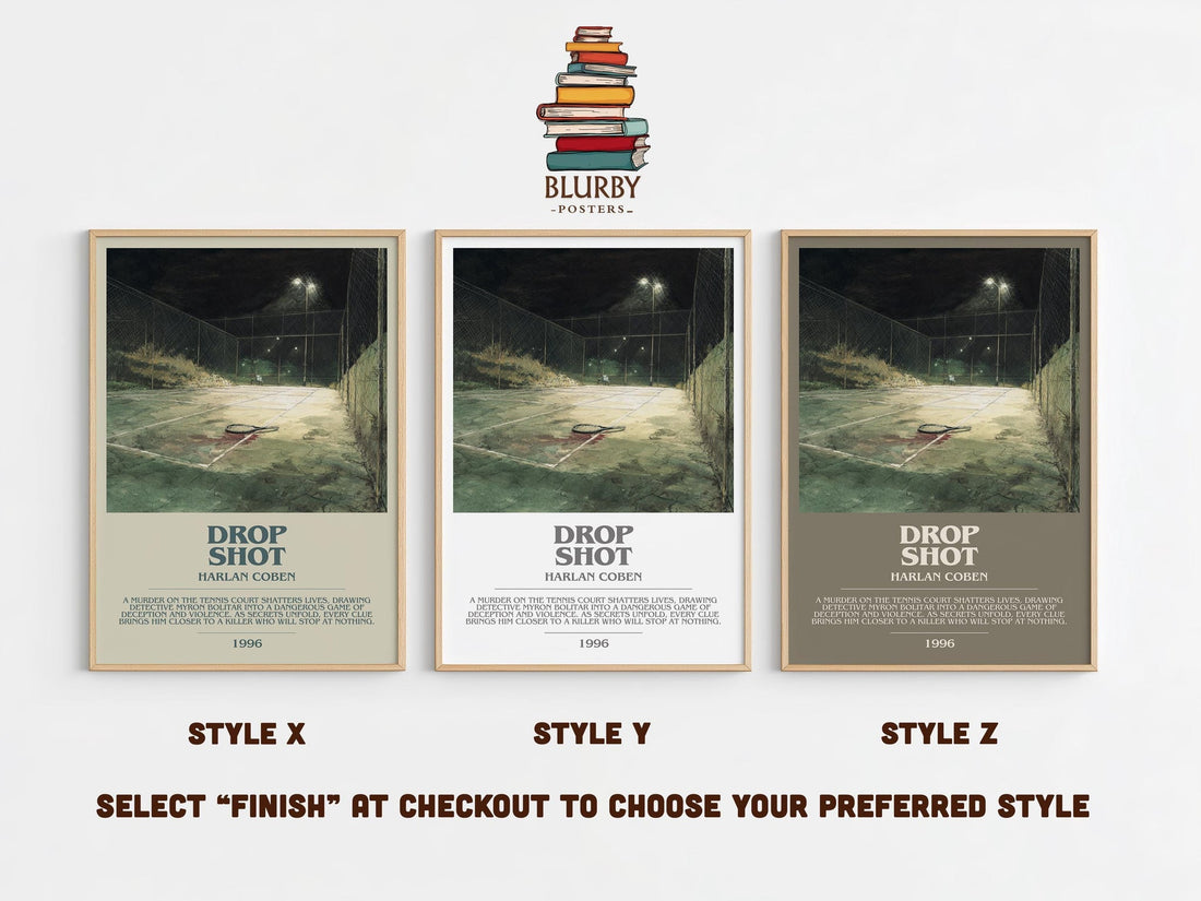 Drop Shot bookish poster colour and style options – Harlan Coben book art (mockup)