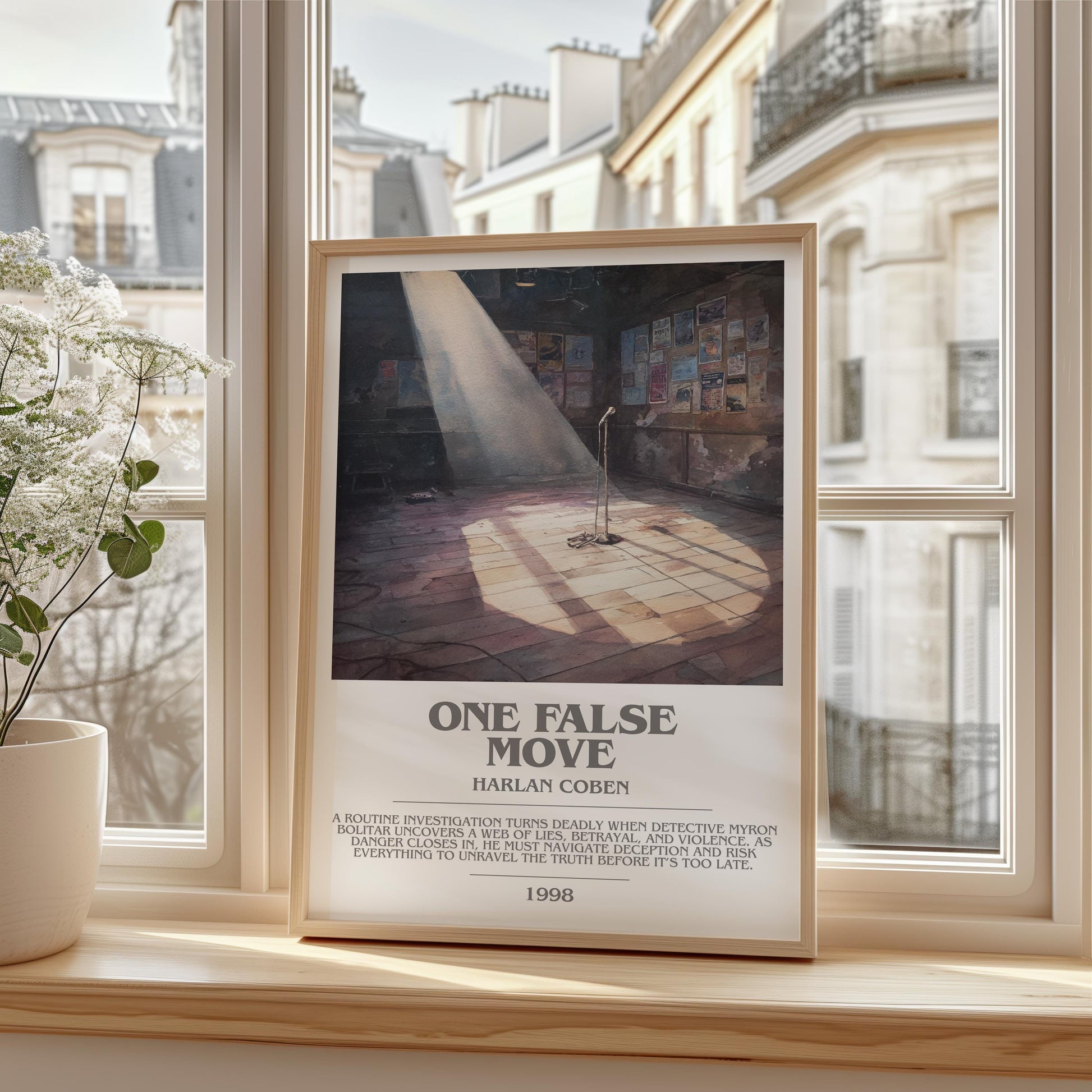 One False Move bookish print framed by window – literary home decor