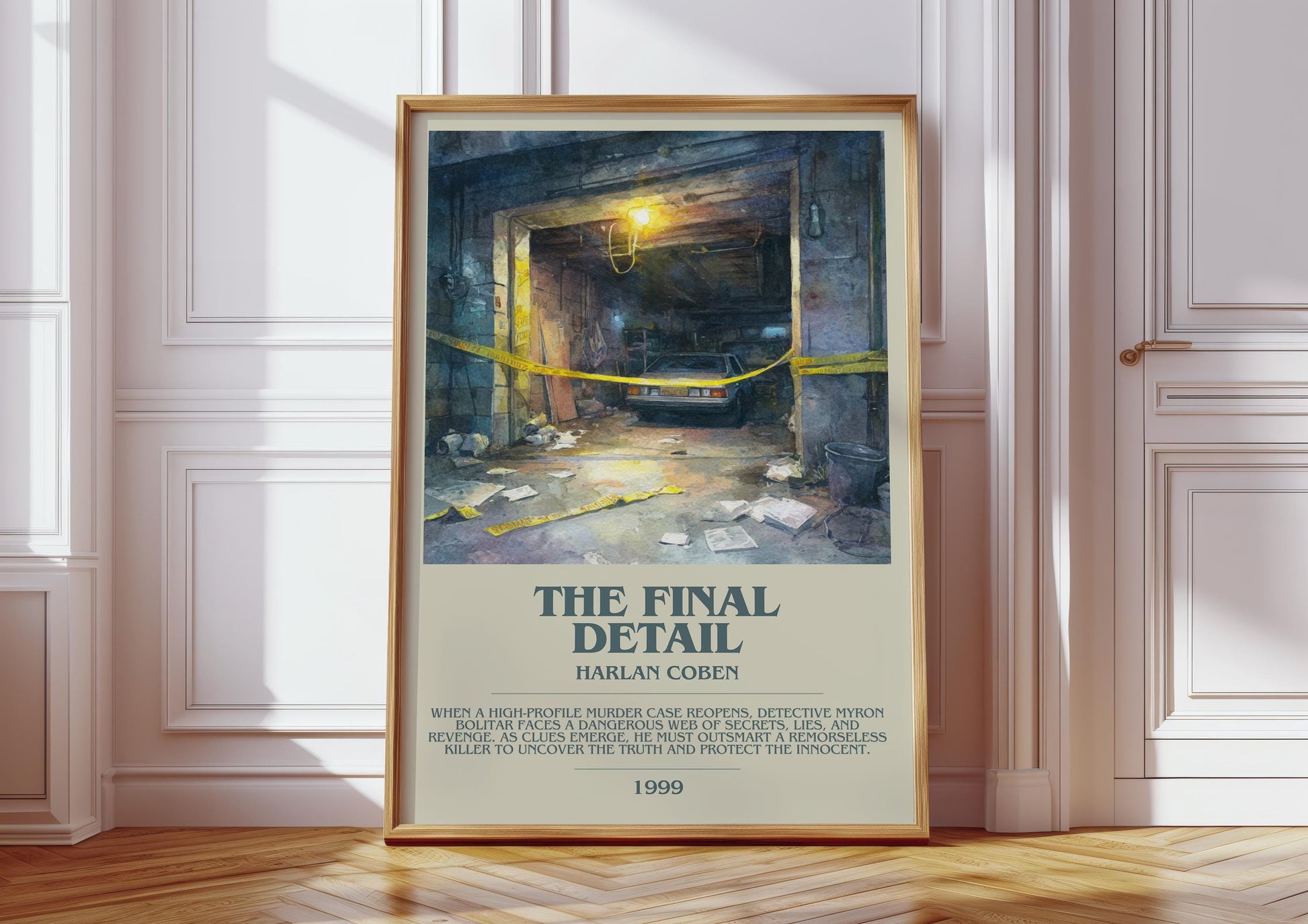 The Final Detail bookish print in frame leaning in hallway – crime wall art