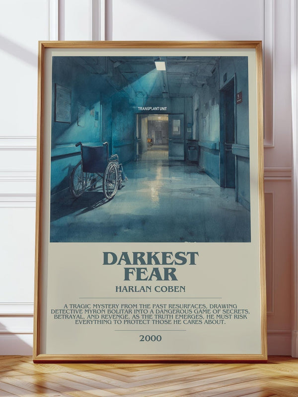 Darkest Fear bookish print in frame leaning in hallway – thriller wall art