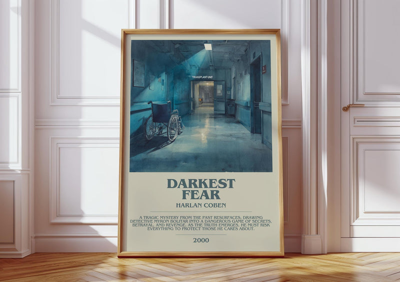 Darkest Fear bookish print in frame leaning in hallway – thriller wall art