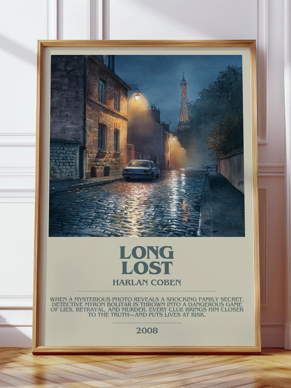 Long Lost bookish print in frame leaning in hallway – thriller wall art