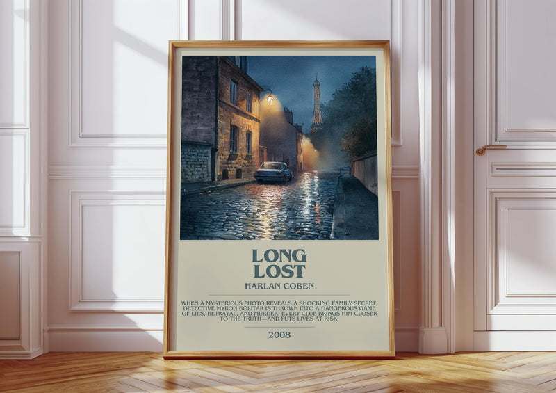 Long Lost bookish print in frame leaning in hallway – thriller wall art