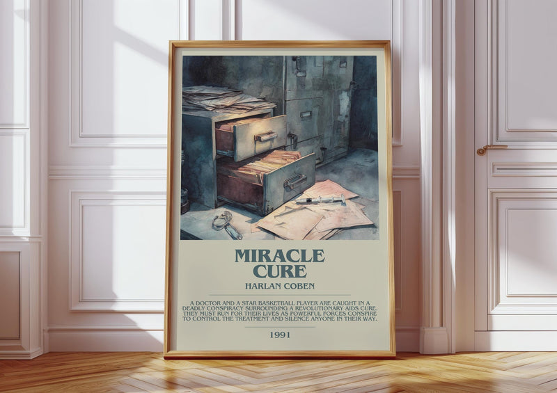 Miracle Cure bookish print in frame leaning in hallway – thriller wall art