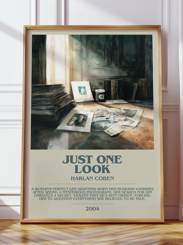 Just One Look bookish print in frame leaning in hallway – thriller wall art