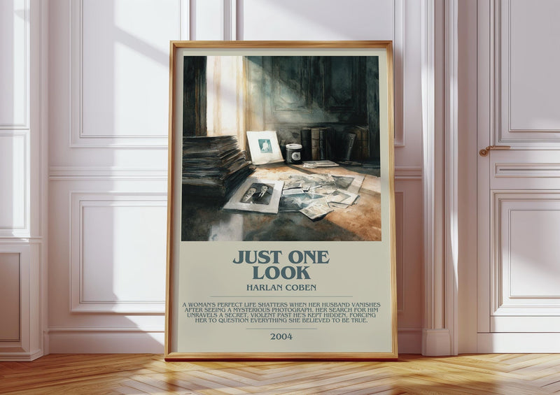 Just One Look bookish print in frame leaning in hallway – thriller wall art