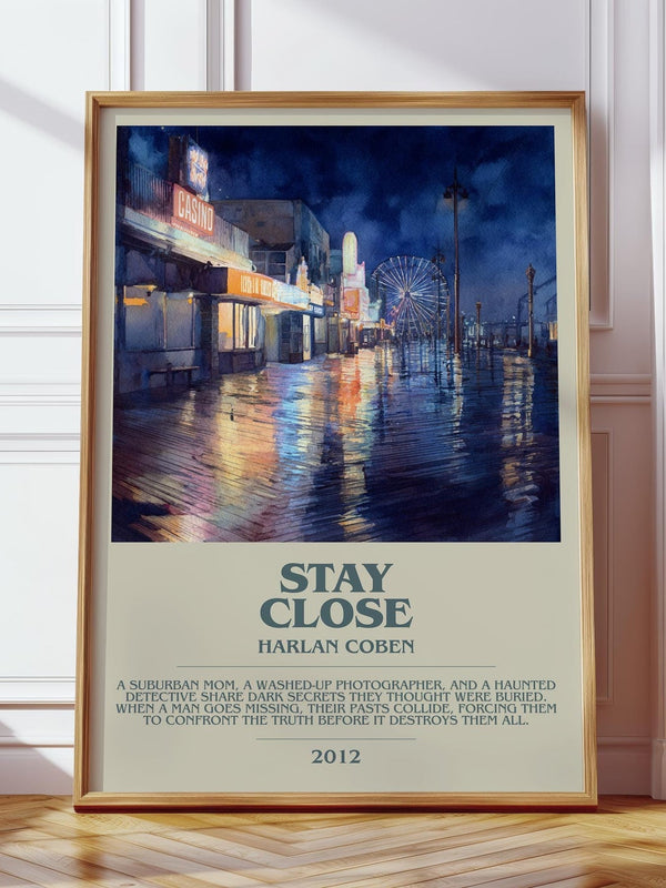 Stay Close bookish print in frame leaning in hallway – thriller wall art