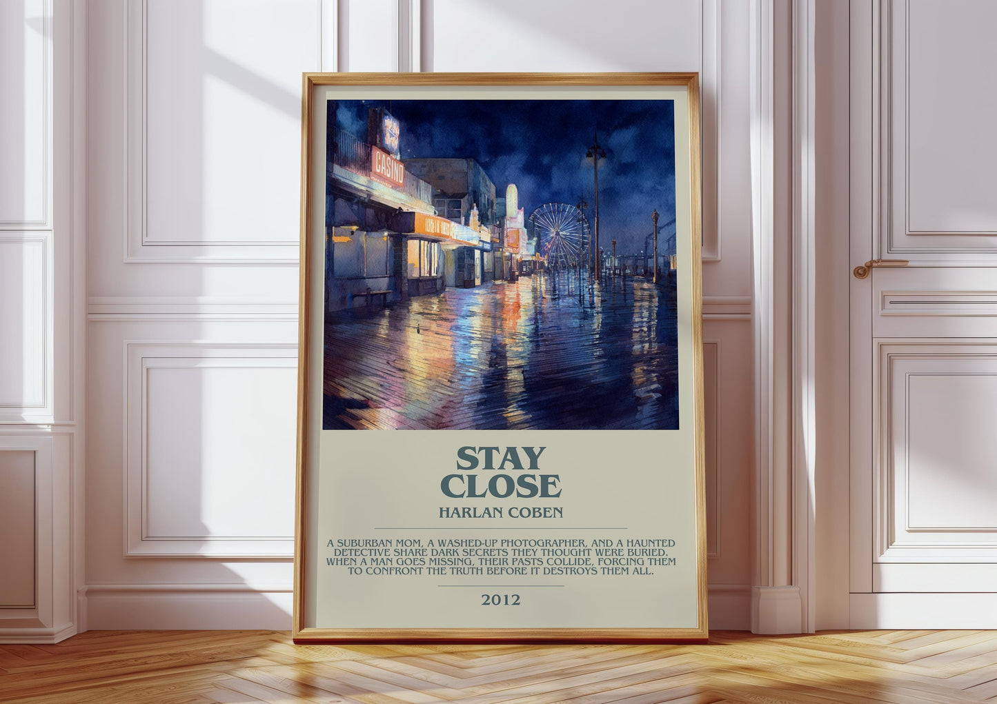Stay Close bookish print in frame leaning in hallway – thriller wall art