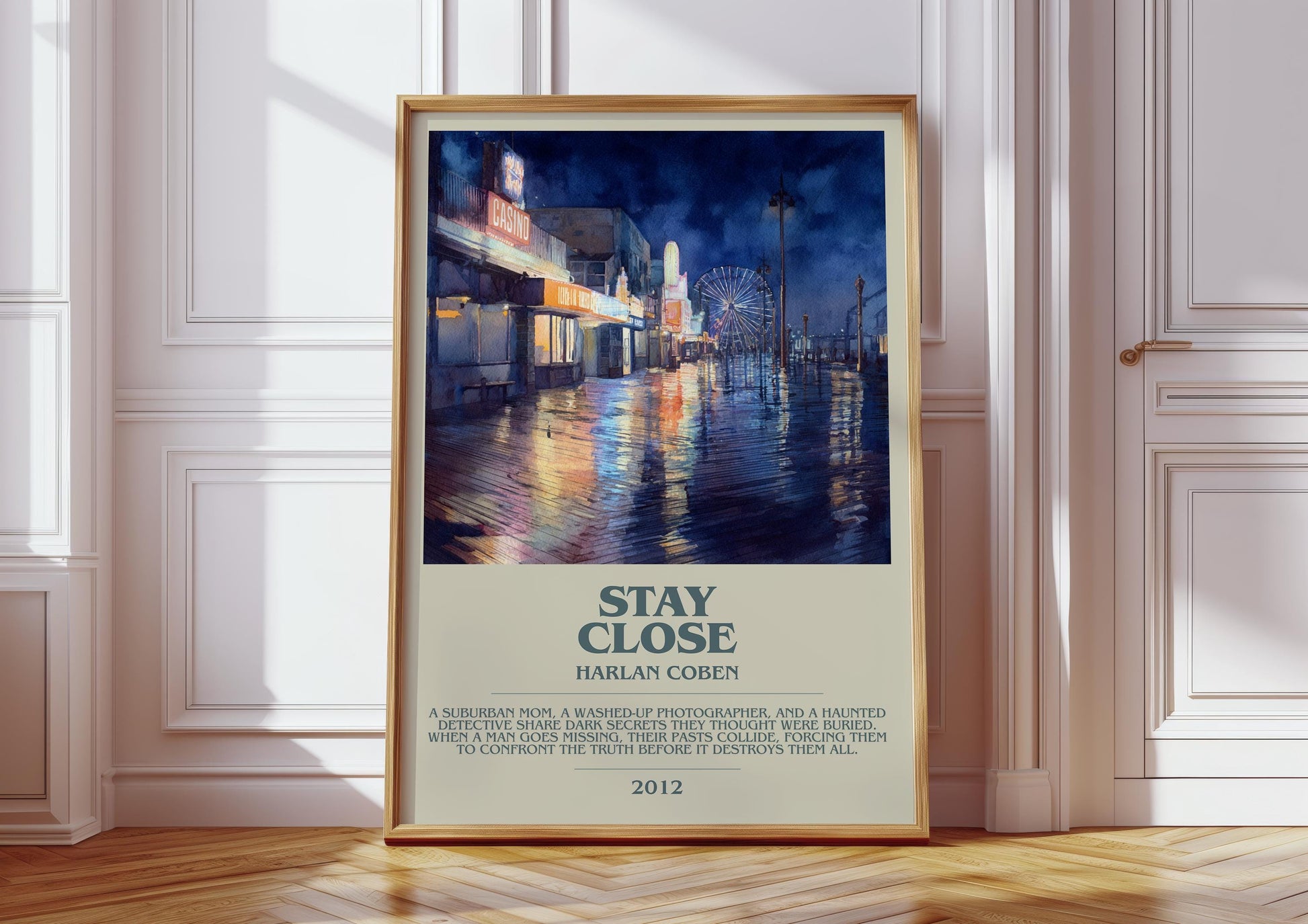 Stay Close bookish print in frame leaning in hallway – thriller wall art