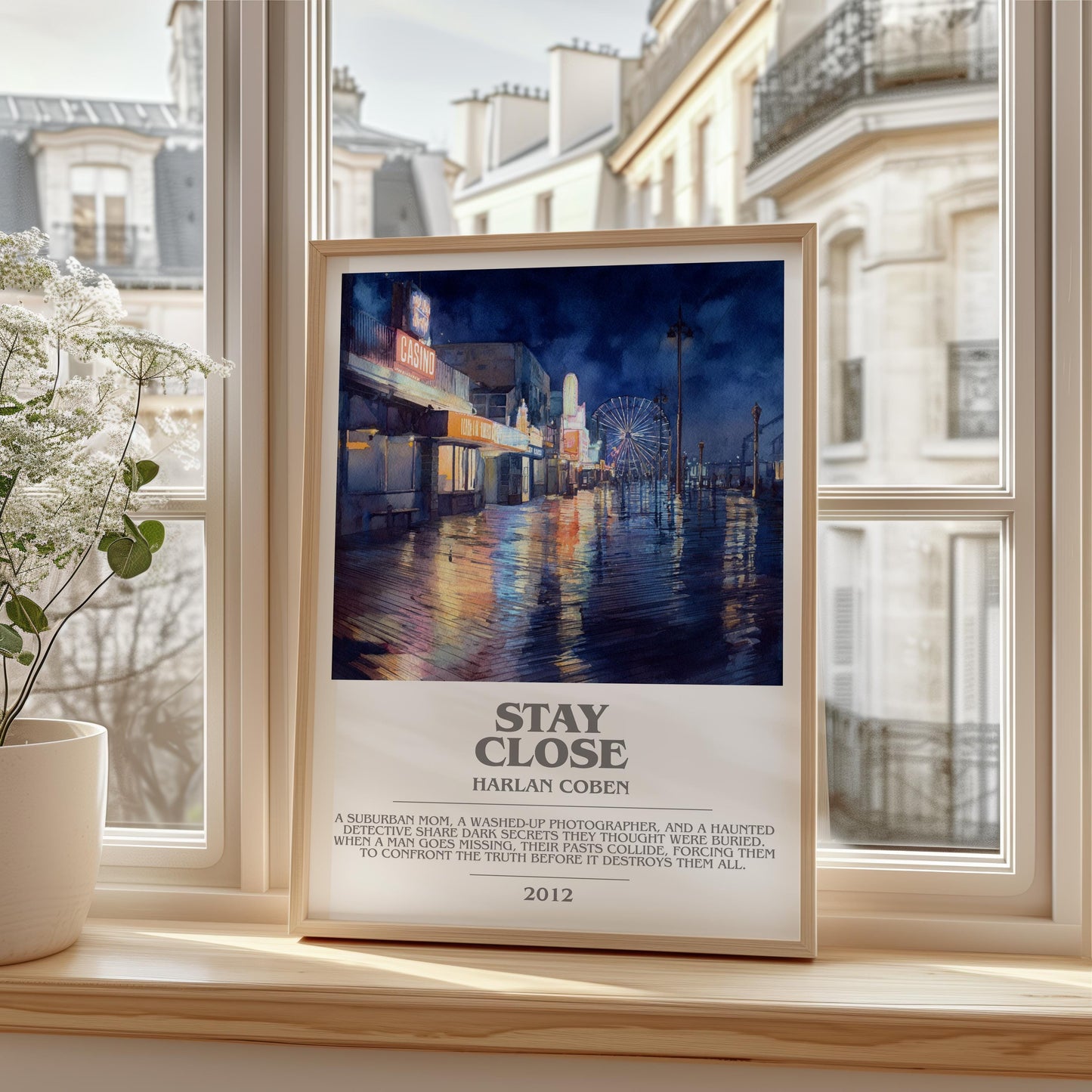 Stay Close bookish print framed by window – literary home decor